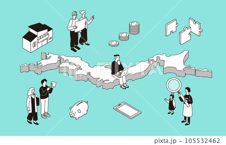 日本と資産運用をイメージするアイソメトリック構図のイラスト 日本と資産運用をイメージするアイソメトリック構図のイラスト 105532462