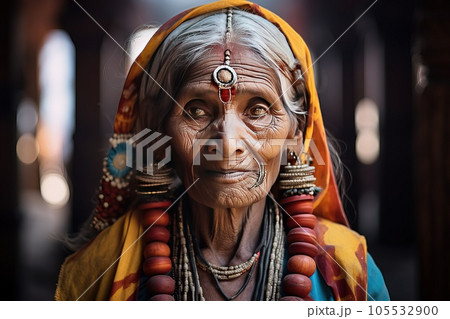 Portrait of a serious elder Indian woman. 105532900