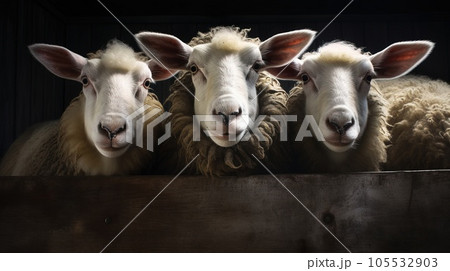 Several sheeps look curiously at the camera. 105532903