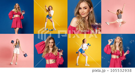 Collage with happy young charming blonde girl doing different activities sport, hobby, leisure time in contrasting fashion style over multi colored backgrounds. 105532938