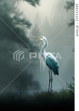 Image of great egret standing in the swamp in the middle of the forest. Birds. Animals. illustration. Generative AI. 105532989