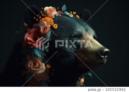 Image of black bear head surrounded by colorful tropical flowers. Wildlife Animals. Illustration, Generative AI. 105532992