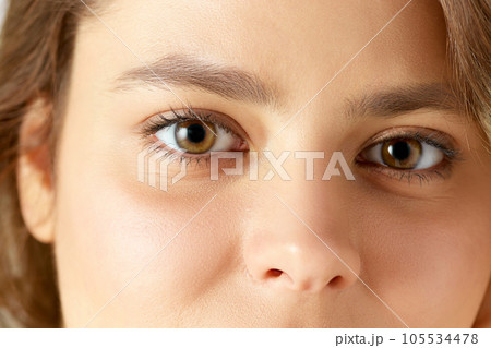 Close-up image of female face, eyes, nose. Woman with well-kept, smooth, glowing skin Close-up image of female face, eyes, nose. Woman with well-kept, smooth, glowing skin 105534478
