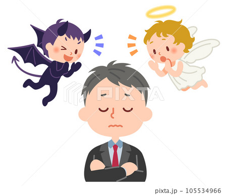 天使と悪魔に囁かれて考え込む男子学生 天使と悪魔に囁かれて考え込む男子学生 105534966