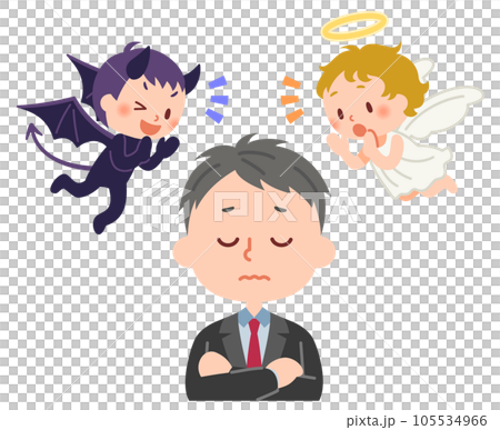 天使と悪魔に囁かれて考え込む男子学生 天使と悪魔に囁かれて考え込む男子学生 105534966