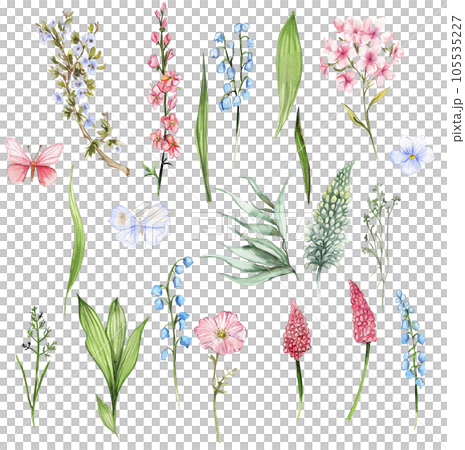 Wildflowers set. Watercolor hand drawn illustration for cards, backgrounds, scrapbooking. Perfect for wedding invitation. 105535227