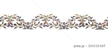 Vintage seamless border of roseship branches with leaves. Botanical Endless banner. Hand painted watercolor illustration for wedding invitation, pack 105535397