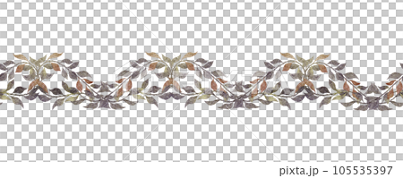 Vintage seamless border of roseship branches with leaves. Botanical Endless banner. Hand painted watercolor illustration for wedding invitation, pack 105535397