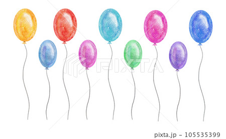 Watercolor collection of colorful party balloons of rainbow colors: red, yellow, orange, pink, green, light blue and violet. Hand drawn illustration, cut out clipart elements for birthday card, design 105535399