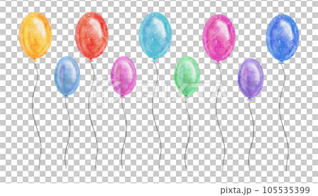 Watercolor collection of colorful party balloons of rainbow colors: red, yellow, orange, pink, green, light blue and violet. Hand drawn illustration, cut out clipart elements for birthday card, design 105535399