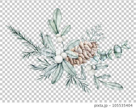 Christmas bouquet of snowberry and emerald eucalyptus, spruce branch, pine cone, fir, cedar. Hand painted watercolor botanical illustration for wedding invitation, card. Christmas bouquet of snowberry and emerald eucalyptus, spruce branch, pine cone, fir, cedar. Hand painted watercolor botanical illustration for wedding invitation, card. 105535404