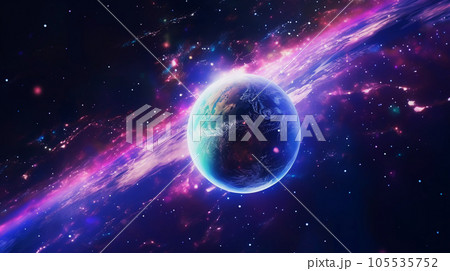 Planet Over Glowing Nebula on Colorful Space Background 105535752