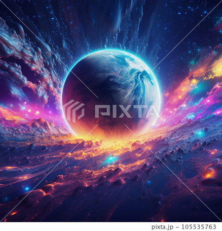 Planet Over Glowing Nebula on Colorful Space Background 105535763