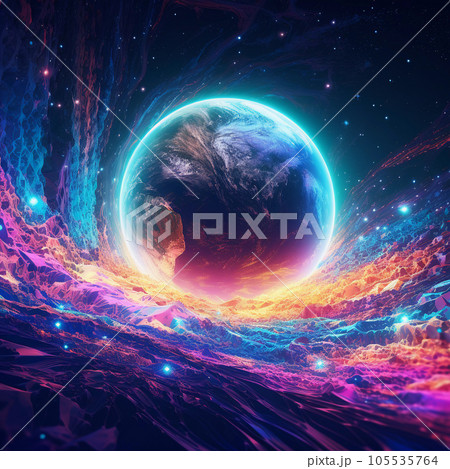 Planet Over Glowing Nebula on Colorful Space Background 105535764