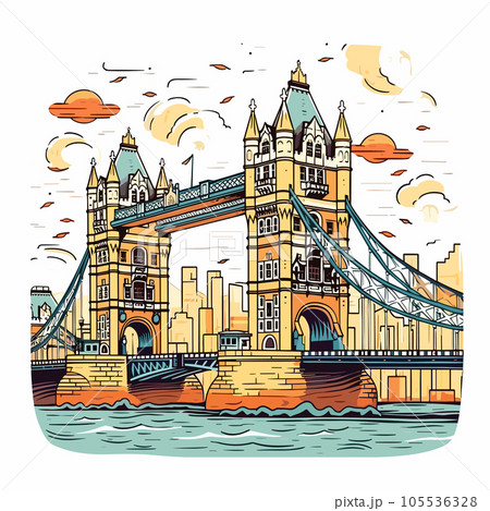 Tower Bridge hand-drawn comic illustration. Tower Bridge. Vector doodle style cartoon illustration 105536328