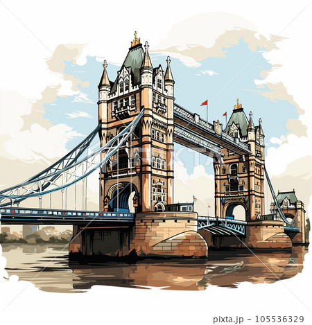 Tower Bridge hand-drawn comic illustration. Tower Bridge. Vector doodle style cartoon illustration 105536329