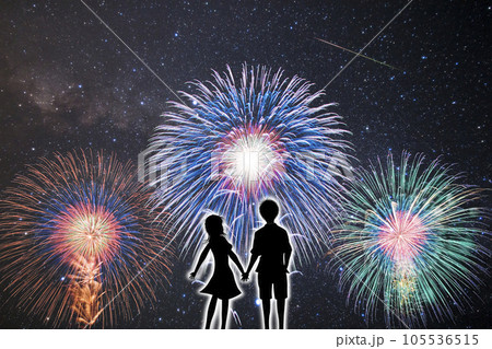 花火と星空を見上げるカップルの後ろ姿のシルエット 花火と星空を見上げるカップルの後ろ姿のシルエット 105536515