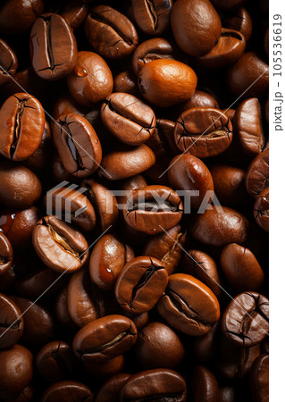 Fresh coffee beans banner. Coffee beans background. Close-up food photography Fresh coffee beans banner. Coffee beans background. Close-up food photography 105536619