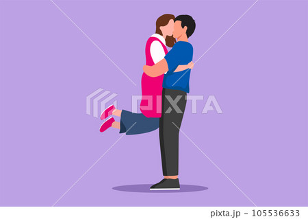 Character flat drawing romantic couple in love kissing and hugging at outdoor park. Happy man carrying pretty woman celebrating wedding anniversary. Lovely relation. Cartoon design vector illustration 105536633