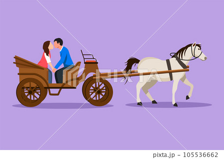 Character flat drawing wedding romantic couple trying kiss each other. Man and pretty woman just married. Happy bride and groom sitting in carriage pulled by horse. Cartoon design vector illustration 105536662
