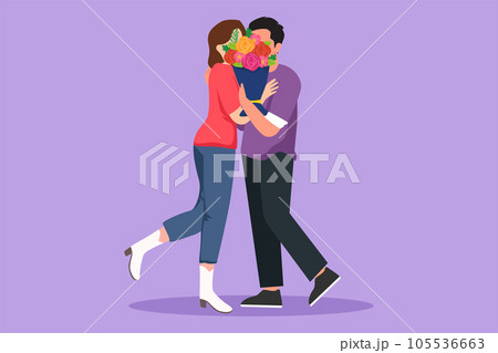 Graphic flat design drawing young romantic couple hugging and kissing each other behind bouquet of flowers. Happy man and cute woman celebrating wedding anniversary. Cartoon style vector illustration Graphic flat design drawing young romantic couple hugging and kissing each other behind bouquet of flowers. Happy man and cute woman celebrating wedding anniversary. Cartoon style vector illustration 105536663