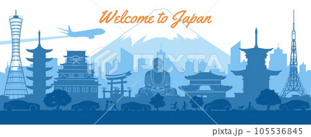 Japan famous landmarks silhouette style with blue and white color 105536845