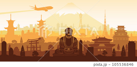 Japan famous landmarks silhouette style with yellow and white color Japan famous landmarks silhouette style with yellow and white color 105536846