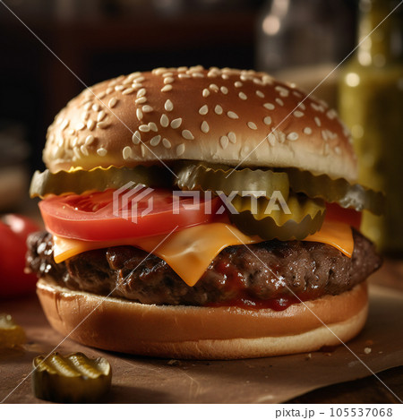 juicy hamburger cheeseburger on the table close-up sesame tomato cucumber juicy hamburger cheeseburger on the table close-up sesame tomato cucumber 105537068