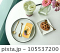 breakfast with eggs, toasts, apple pie 105537200
