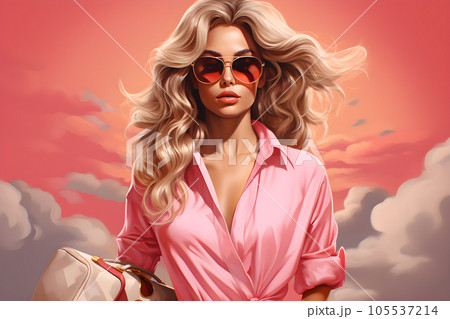 Fashion woman in pink shirt holding a bag Generative AI 105537214