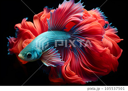 Small brightly colored betta fish isolated black background Generative A Small brightly colored betta fish isolated black background Generative A 105537501