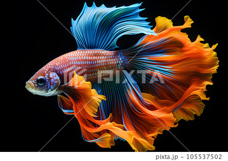 Small brightly colored betta fish isolated black background Generative A Small brightly colored betta fish isolated black background Generative A 105537502