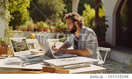 Architect working with laptop and papers in home garden in summer Architect working with laptop and papers in home garden in summer 105538296