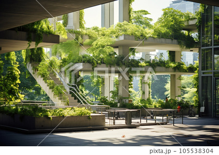 Sustainable buildings in modern city, green plants on walls and roofs Sustainable buildings in modern city, green plants on walls and roofs 105538304