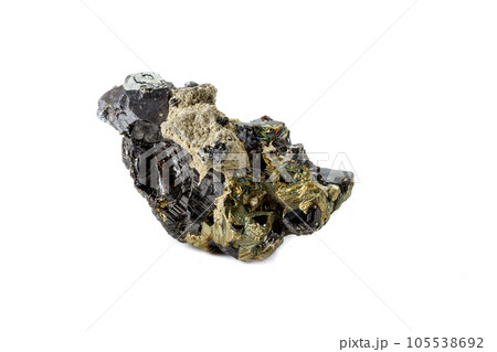 Macro mineral stone Sphalerite Pyrite on a white background Macro mineral stone Sphalerite Pyrite on a white background 105538692