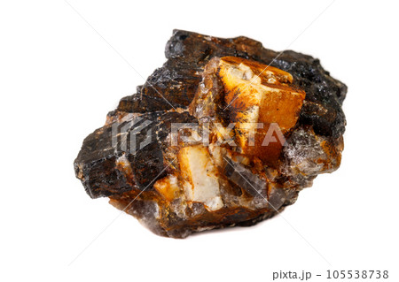 Macro of the mineral stone Columbite, Beryl, Feldspar on a white background 105538738