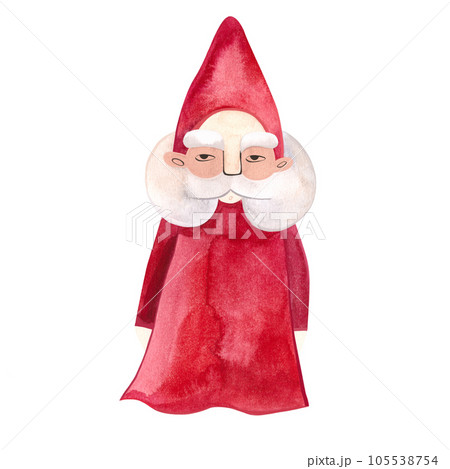 Watercolor old gnome in red costume. Wizard. Isolated illustration. Clipart. Raster illustration for packaging, greeting cards and wrapping paper, gifts, posters. 105538754