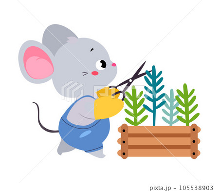 Cute Mouse Gardener Cut Plant with Pruner Vector Illustration 105538903