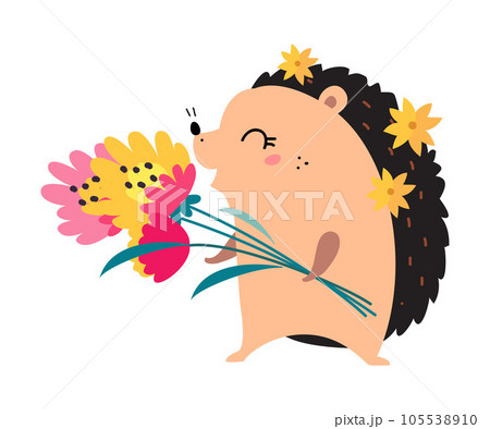 Cute Hedgehog Gardener Hold Bunch of Blooming Flowers Vector Illustration 105538910