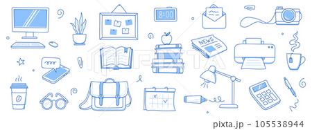 Office work doodle set. Office computer, work desk, notebook doodle icon. Hand drawn sketch style illustration. Business, school education hand drawn elements. Vector Office work doodle set. Office computer, work desk, notebook doodle icon. Hand drawn sketch style illustration. Business, school education hand drawn elements. Vector 105538944