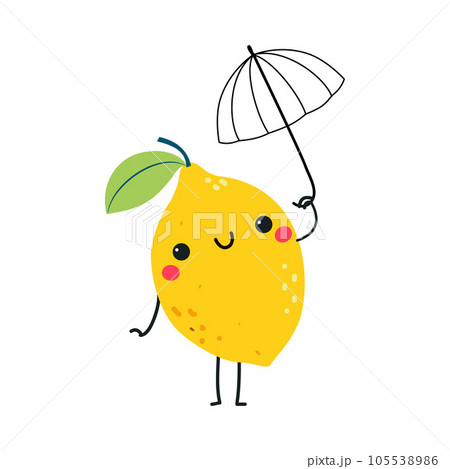 Funny Yellow Lemon Fruit Character with Umbrella Enjoying Vacation Vector Illustration 105538986