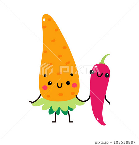 Funny Carrot and Chili Pepper Vegetable Character Hold Hands with Cute Smiling Face Vector Illustration Funny Carrot and Chili Pepper Vegetable Character Hold Hands with Cute Smiling Face Vector Illustration 105538987