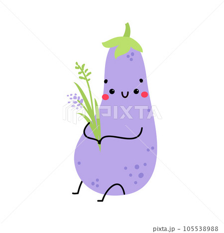 Funny Eggplant Vegetable Character Sitting with Cute Smiling Face Vector Illustration Funny Eggplant Vegetable Character Sitting with Cute Smiling Face Vector Illustration 105538988