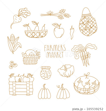Vector Line set with autumn farmers market elements for card, invitation, web site, stickers, banner. Cute fall minimal illustrations. 105539252