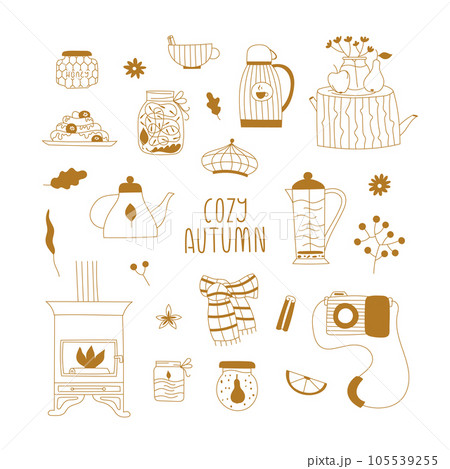 Vector line set with cozy autumn elements for card, invitation, web site, stickers, planner. Cute trendy fall minimal illustrations. 105539255