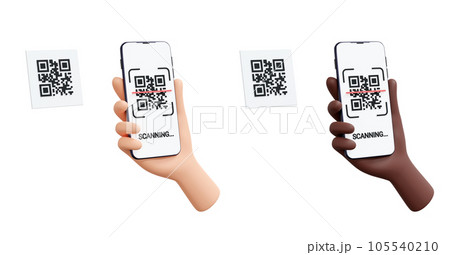 QR code scanning and reading 3d render illustration. Hand holding mobile phone with barcode on screen. Cashless payment or downloading information concept - smartphone with qrcode scanner. 105540210