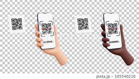 QR code scanning and reading 3d render illustration. Hand holding mobile phone with barcode on screen. Cashless payment or downloading information concept - smartphone with qrcode scanner. 105540210