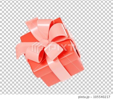 Red gift box with pink ribbon and bow flying in air. 3d render illustration of falling present pack. Floating surprize pack for congratulation or winner design - greeting and reward element. 105540217