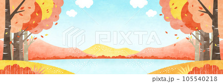 秋の海と自然の風景 紅葉した山や木の水彩背景イラスト 105540218