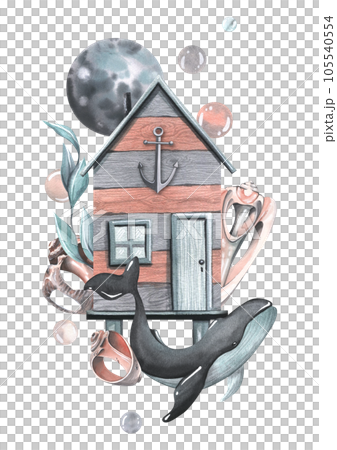 Sea cabin striped with whale, moon, shells, algae, bubbles. Watercolor illustration, hand drawn. Isolated composition on a white background. Sea cabin striped with whale, moon, shells, algae, bubbles. Watercolor illustration, hand drawn. Isolated composition on a white background. 105540554